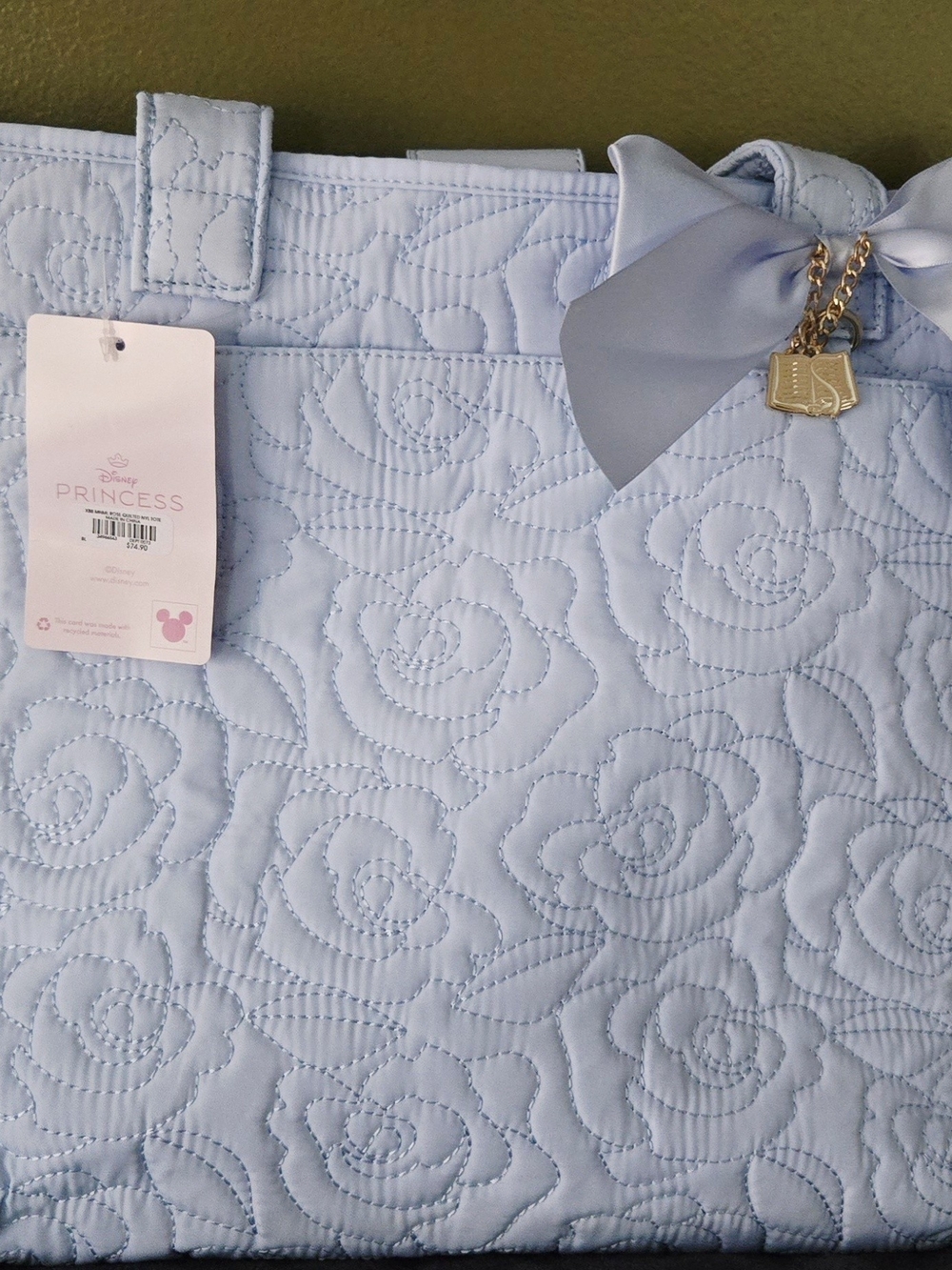 Disney Light Blue Quilted Rose Tote with Bow Charm